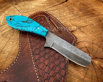 Handmade Damascus Bull Cutter Knife with Resin Handle & Leather Sheath