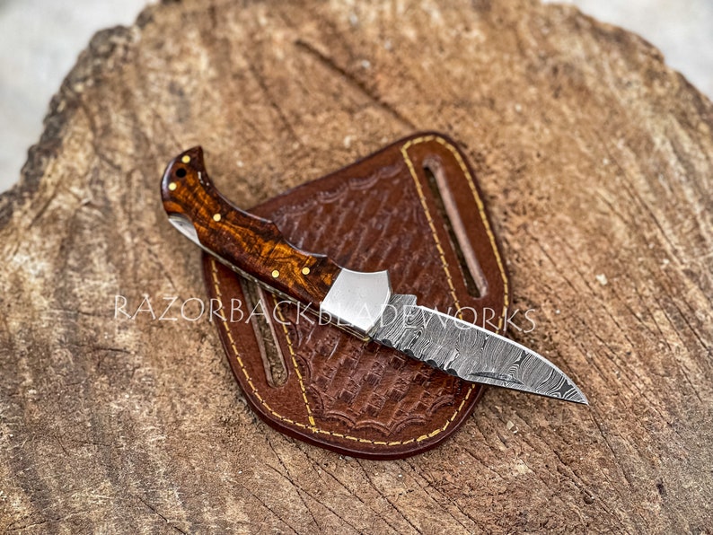 Damascus Pocket Knife With Pancake Leather Sheath Etsy