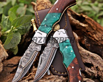 Copper Damascus Pocket Knife with Leather Sheath, personalized folding knife Gift Item