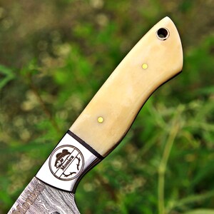 May include: A knife handle made of smooth, cream-colored material with two brass pins and a lanyard hole at the end. The metal bolster features a circular engraving of a fish and the name Monica, with a patterned Damascus steel blade below.