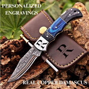 Personalizable pocket knife with copper damascus blade, you can add your personal details on the knife such as name, date , initials, which makes it perfect gift for groomsmen, gift for him,