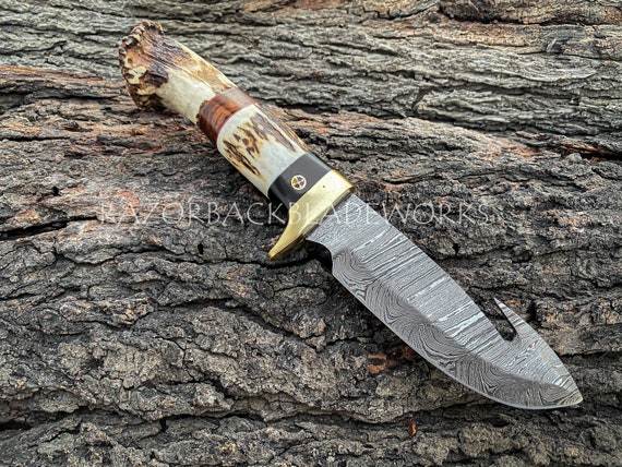 10" Damascus Gut hook hunting Skinner Knife With Antler Crown Handle And Leather Sheath, Antler Handle Knife With Sheath