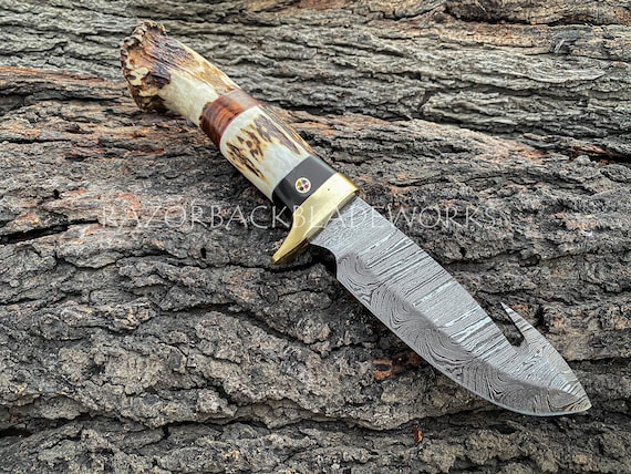 10" Damascus Gut hook hunting Skinner Knife With Antler Crown Handle And Leather Sheath, Antler Handle Knife With Sheath