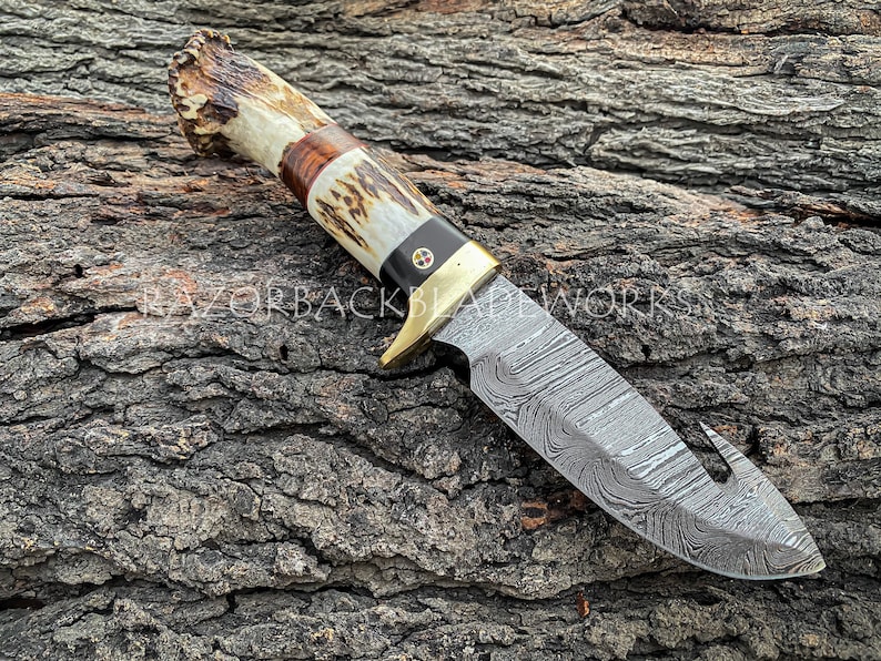 A hunting knife with a Damascus steel blade and a stag antler handle. The blade has a hook on the end and a brass guard. The knife is resting on a piece of bark.