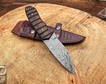 Damascus Hunting Knife, Handmade Rosewood Handle, Leather Sheath