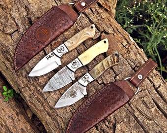Custom Engraved Hunting Knife, Personalized Damascus Steel Blade, Handmade EDC Camping Knife with Leather Sheath