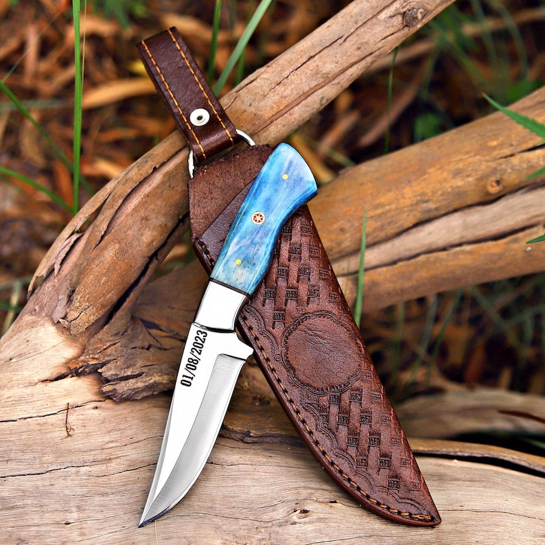 Custom Skinner Knife With Steel Blade And Handmade Leather Sheath, The knife has blue colored bone handle and j2 steel blade, can be custom engraved which makes it best for personalized gifts