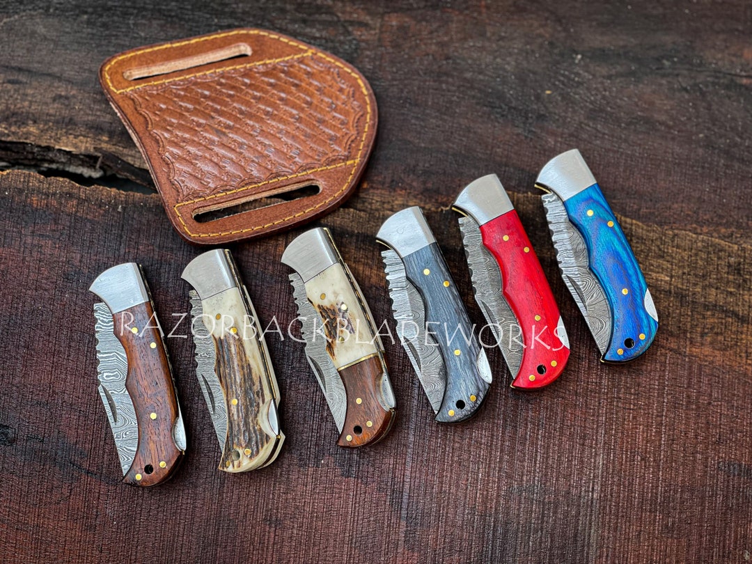 Damascus Pocket Knife With Pancake Leather Sheath, Personalized Pocket