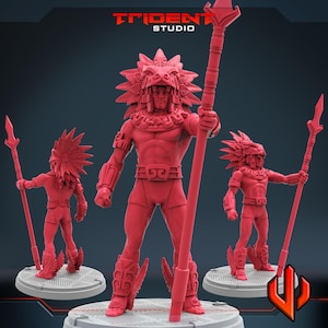 May include: Three red plastic figurines of warriors wearing feathered headdresses and holding spears. The figures are posed in different stances and are all wearing similar armor and weapons.