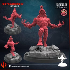 May include: A 3D printed miniature of a werewolf, painted in a bright red colour. The werewolf is standing on a rocky base and has its mouth open in a howl. The miniature is pre-supported and print tested.