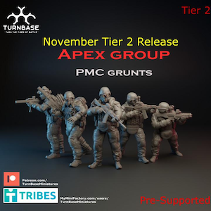 May include: Image of a group of miniature PMC Grunts, part of the Apex Group, from the November Tier 2 Release. The figures are in tactical gear, holding rifles, and are pre-supported. The image includes the TurnBase logo and text.
