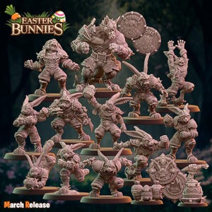 Könnte beinhalten: Eine Sammlung von Miniaturfiguren, die anthropomorphe Kaninchen in verschiedenen Actionposen darstellen. Die Figuren sind mit Rüstungen bekleidet und halten Waffen. Der Text "Easter Bunnies" und "March Release" ist sichtbar.