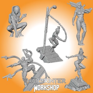 May include: A collection of unpainted miniature superhero figurines in various action poses. The figures include a character crouching, one climbing a structure, and another holding a large weapon. The figures are all gray and appear to be made of plastic.