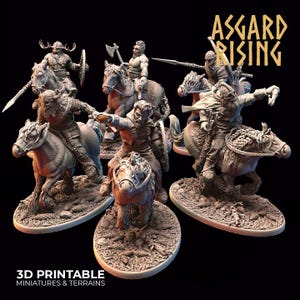 May include: A set of 3D-printed miniature figurines depicting mounted warriors, complete with detailed armour and weapons. The figurines are mounted on textured bases, with the text "ASGARD RISING" and "3D PRINTABLE MINIATURES & TERRAINS" in gold lettering.