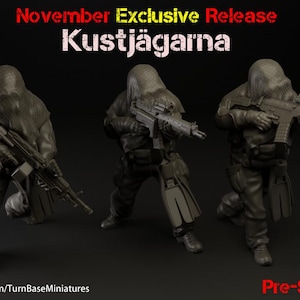 May include: Three figures in military gear, holding rifles, are featured in this image. The figures are wearing camouflage and tactical equipment. The text "November Exclusive Release Kustjägarna" is displayed at the top of the image.