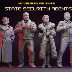 May include: Four grey miniature figurines labeled NOVEMBER RELEASE STATE SECURITY AGENTS TIER 3. The figures include individuals in trench coats, fur-trimmed jackets, and tactical gear, holding firearms. The Turnbase logo is visible in the top left corner.