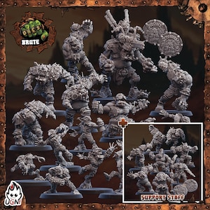 May include: A collection of gray miniature Orc figures, including Brute and Support Staff models. The figures are in various action poses, with detailed armor and weaponry. The image includes the text "ORCS BRUTE" and "SUPPORT STAFF".