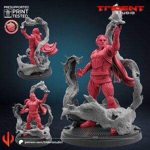 May include: A 3D printed miniature of a figure in a red and black costume with a flowing cape, casting a magical effect. The figure is standing on a base with a swirling effect. The miniature is pre-supported and print tested. The text "TRIDENT STUDIO" is visible in the background.