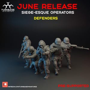 May include: Miniature figures of soldiers in tactical gear, including helmets and weapons, are depicted in various action poses. The image features text in red and yellow, stating "JUNE RELEASE" and "DEFENDERS". The Turnbase logo is visible in the top left corner.