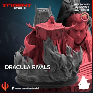 Könnte beinhalten: Eine 3D-gedruckte Miniatur eines Vampirfürsten, der ein Buch hält und auf einem feurigen Sockel steht. Die Miniatur ist in Rot und Grau bemalt, und der Text "Dracula Rivals" ist unter der Figur sichtbar.