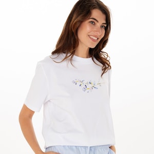 White Cotton T-Shirt &quot;Fantasy - Blue White&quot; Women&#39;s Summer Top with Floral Motif