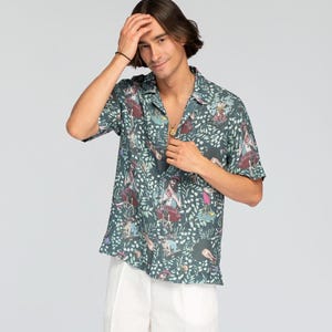 Patterned Linen Oxford Shirt &quot;From Heaven With Love&quot;  Men&#39;s Short Sleeve Summer Button-Down