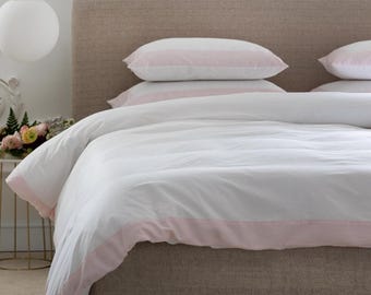 White Cotton Sateen Duvet Cover with Pink Frame Luxury Hotel Quality Bedding with Border