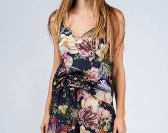 Blue Floral Cotton Pajama Set "Magic Garden" Women's Sateen Loungewear