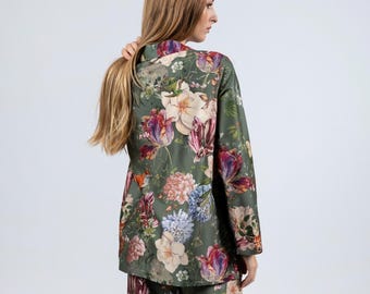 Women’s Green Floral Pajama Set "Magic Garden - Moss" Pajama Pants for Women Pajama Top Relaxed Fit Sleepwear Elegant Luxury Gift for Her