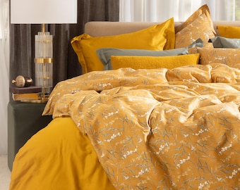 Floral Cotton Duvet Cover Set "Dreamy - Ochre" Yellow Bed Linen Set