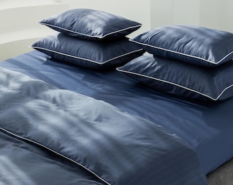 Juego de funda nórdica de algodón a rayas azules con fundas de almohada Juego de cama índigo