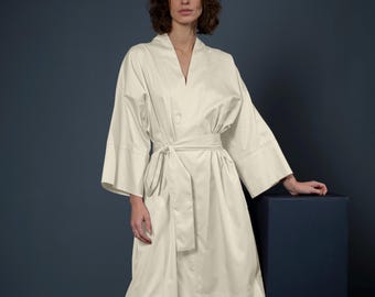 Siky Cotton Sateen Kimono Robe "Antique White" Soft Women's Nightgown