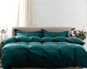 Teal Cotton Duvet Cover Set with Pillowcases Luxury Cotton Sateen Bedding Gift