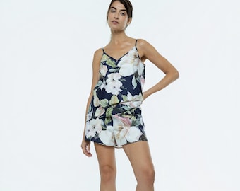 Blue Floral Cotton Pajama Set "Harmony" Women's Sateen Loungewear