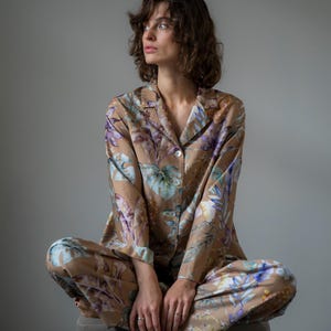 Ensemble de pyjama en coton bio « Flora Costera » Vêtements de nuit pour femme en satinette florale