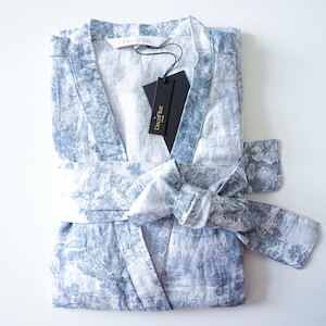 Women’s Linen Kimono Robe &quot;Toile Blue&quot; Robe Loungewear for Women Bachelorette Gift for Bride Linen Robe Luxury Gift for Her Wedding Day Robe