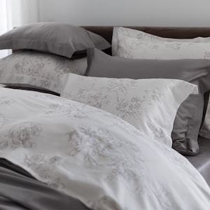 Cotton Sateen Bedding Set &quot;Eden - Beige&quot; Cotton Duvet Cover Set with Pillowcases Floral Pattern Bed Linen Set