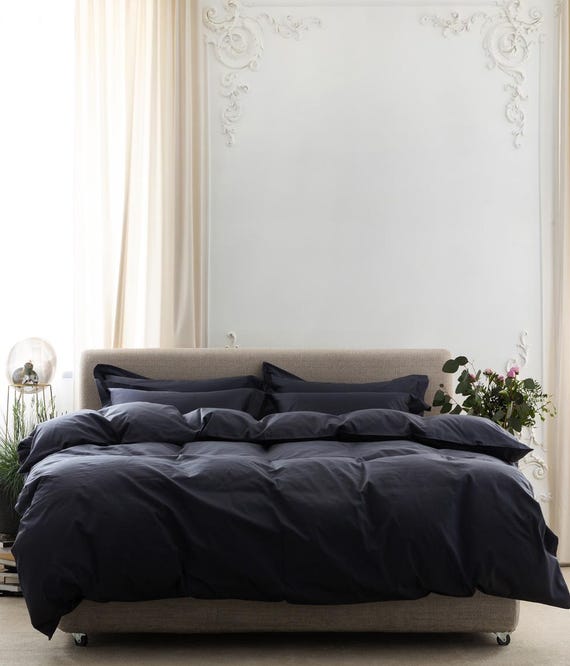 Schwarzer Satin-Bettbezug-Set: Bettwäsche aus natürlicher Baumwolle, luxuriöse graue Kissenbezüge