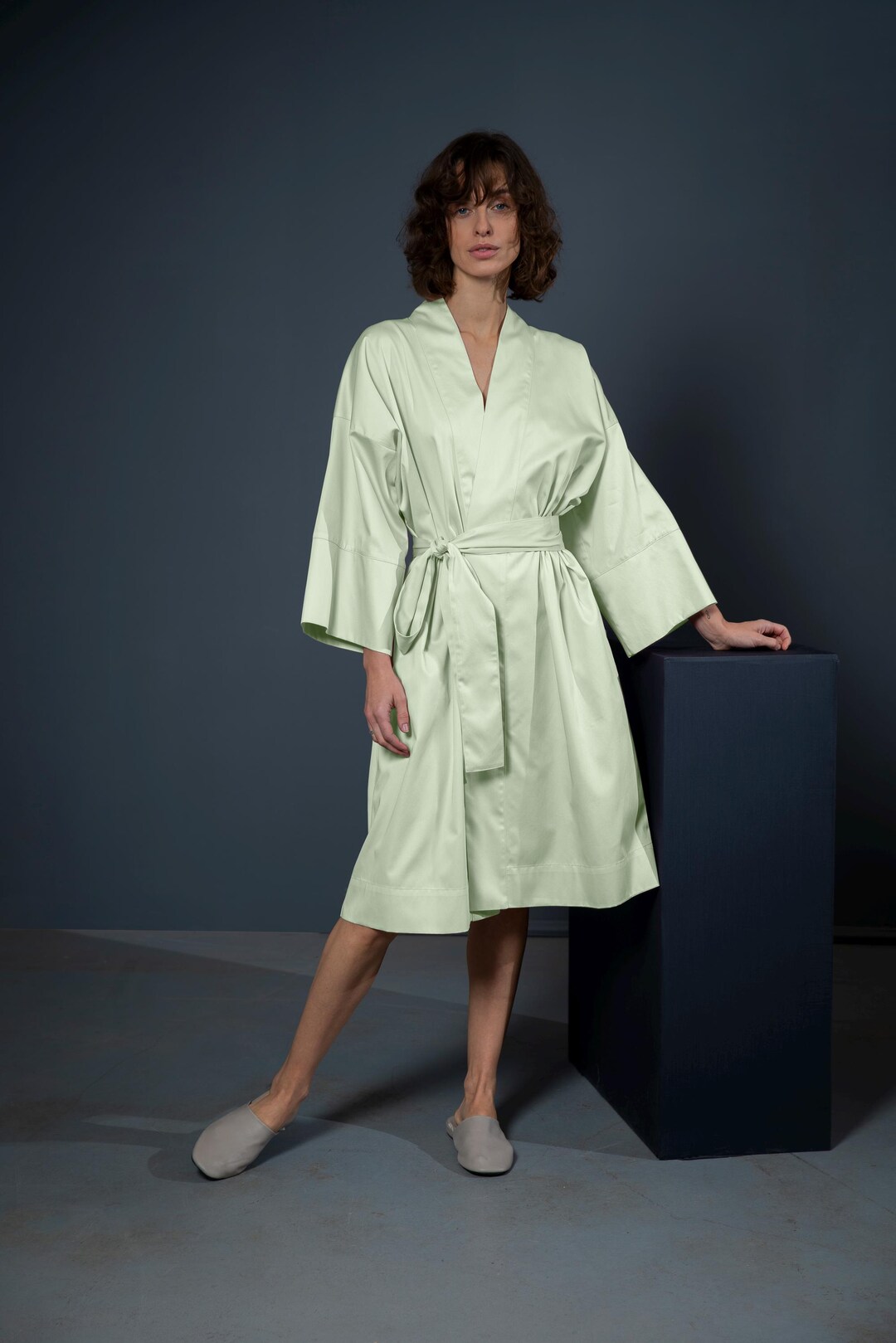 Bright Green Cotton Sateen Kimono Robe 
