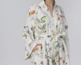Leinen-Bademantel Kimono Midsummer, Blumendruck-Bademantel, weißer Kimono-Bademantel, Sommer-Bademantel, luxuriöser Satin-Bademantel, Geschenk für Sie