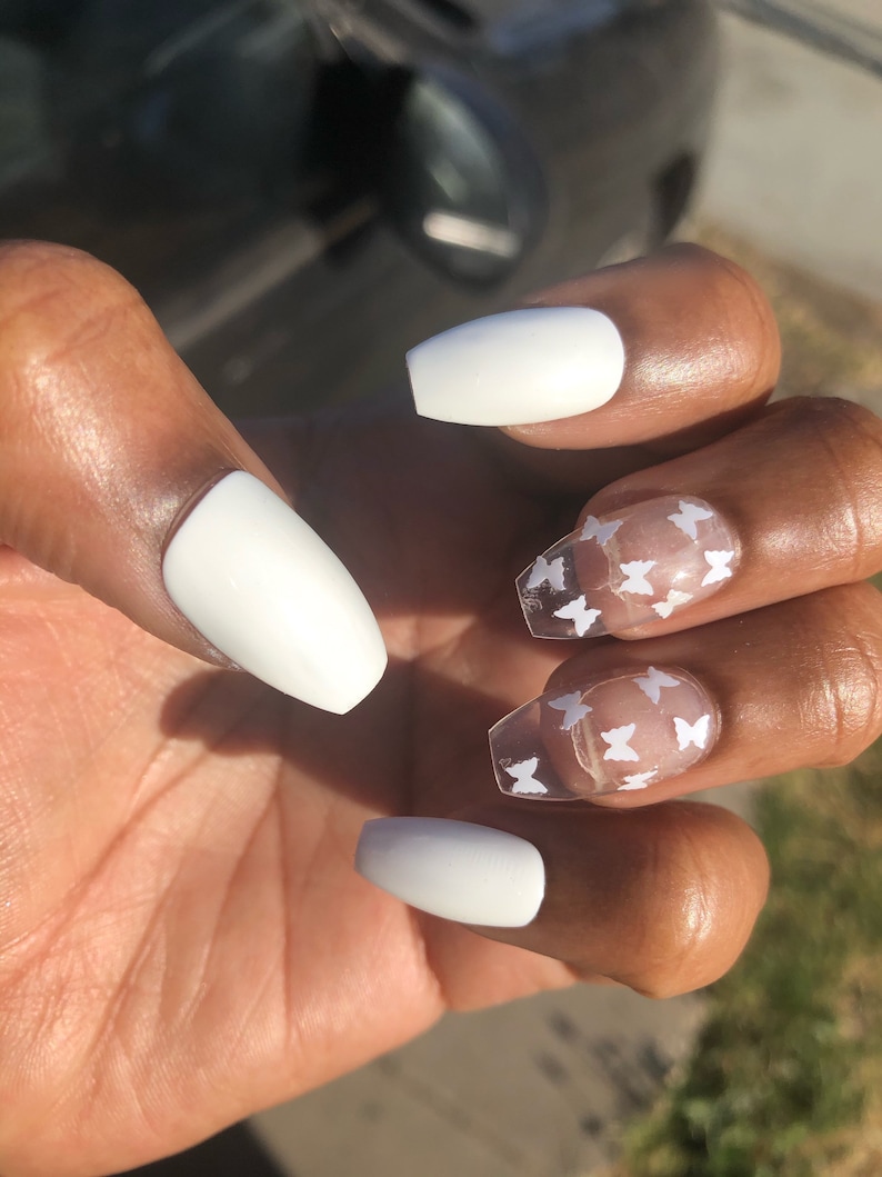 Short coffin all white with white butterflies Press On Nails | Etsy