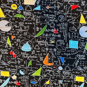 May include: A black background with white mathematical equations and formulas. The background is filled with colorful geometric shapes, including circles, squares, triangles, and trapezoids. The text includes the words "Napier's Rules", "Matrix Multiplication", "Hyperbolic Law of Cosines", and "Mobius Strip".