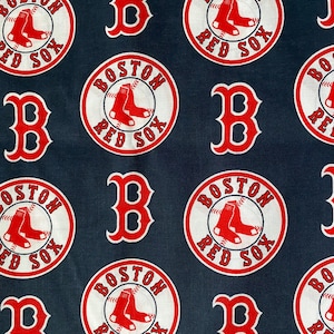 May include: Dark navy fabric featuring a repeating pattern of the Boston Red Sox logo and the letter "B". The logo is a white circle with red text and a baseball and red socks. The letter "B" is red with a white outline.