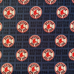 May include: A blue fabric with a repeating pattern of white circles with red outlines. Each circle contains a red baseball player logo with the text "Boston Red Sox".
