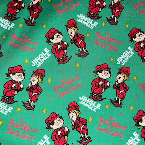 May include: A repeating pattern on a green background featuring cartoon elves in red outfits and hats. The text "JINGLE JANGLE" and "The Year Without Santa Claus" are also visible. Yellow star shapes are scattered throughout the design.