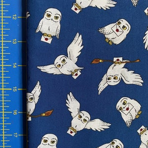 May include: White owls with yellow eyes and red wax seals on envelopes fly against a blue background. The owls are carrying letters and a broom.