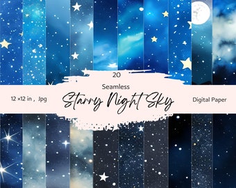 Seamless Galaxy Scrapbook Paper, Starry Night Digital Paper, Night Sky Texture Background, 20 Galaxy Printable Digital Paper, 12×12 in