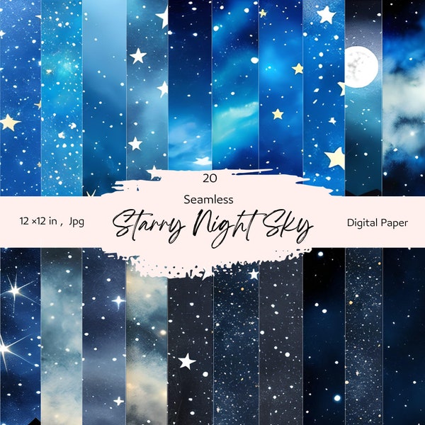 Seamless Galaxy Scrapbook Paper, Starry Night Digital Paper, Night Sky Texture Background, 20 Galaxy Printable Digital Paper, 12×12 in