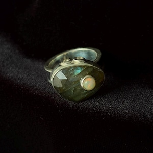 Flashy Labradorite & Opal Sterling Silver Ring — Faceted Natural Gemstone Statement Ring / Chunky Sterling Silver Ring / Cocktail Ring