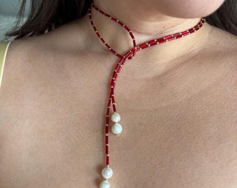 Red Lariat Necklace with Pearls / Choker Wrap Necklace / Pearl Choker Necklace /  Layering Jewelry, Handmade Statement Piece / Rubyhour